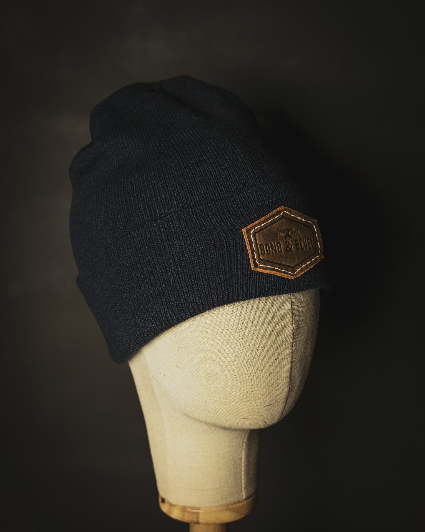 Navy Leather Patch Beanie