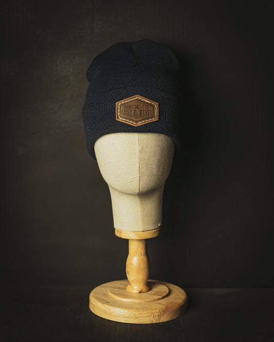 Navy Leather Patch Beanie