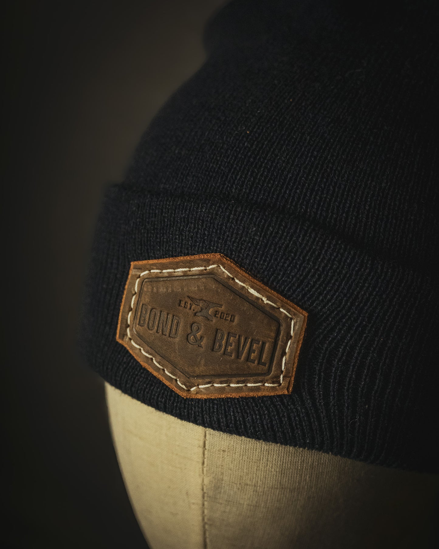 Navy Leather Patch Beanie