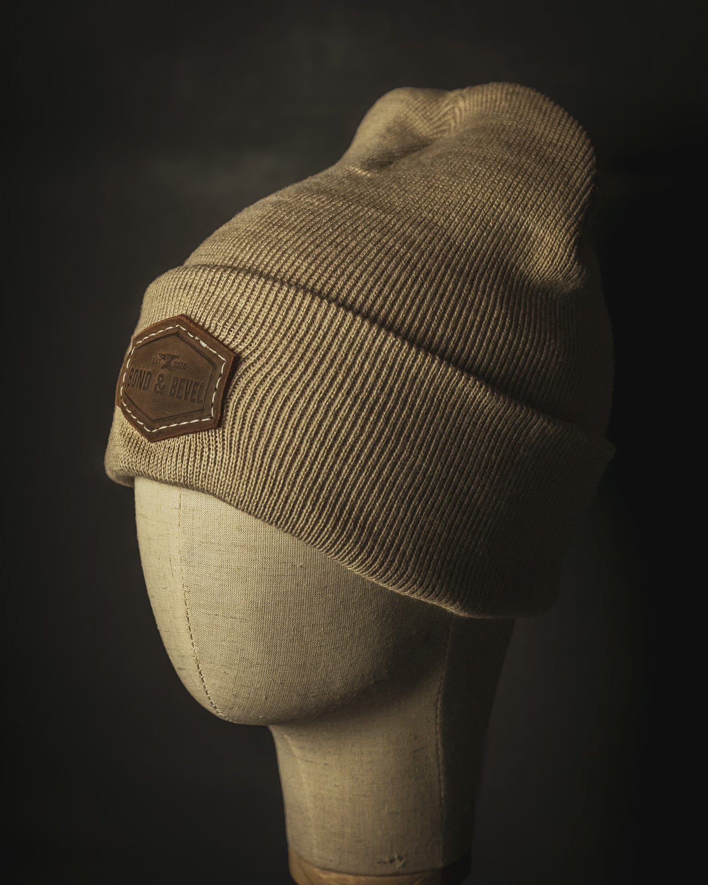 Cream Leather Patch Beanie